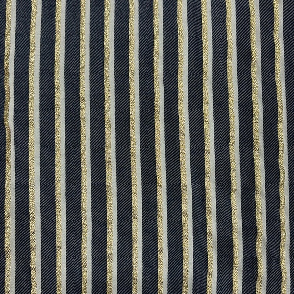 Express Scoop Neck Navy White Gold Metallic Stripe Long Sleeve Button Cuff Shirt - Picture 6 of 8